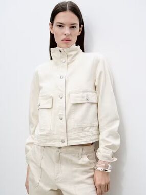 Mango - White Cotton Jacket with High Collar and Pocket